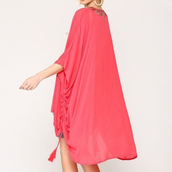 BLUHEAVEN by Umgee S/M M/L coral kimono sleeve jacket cape beach cover-up - Picture 3 of 7